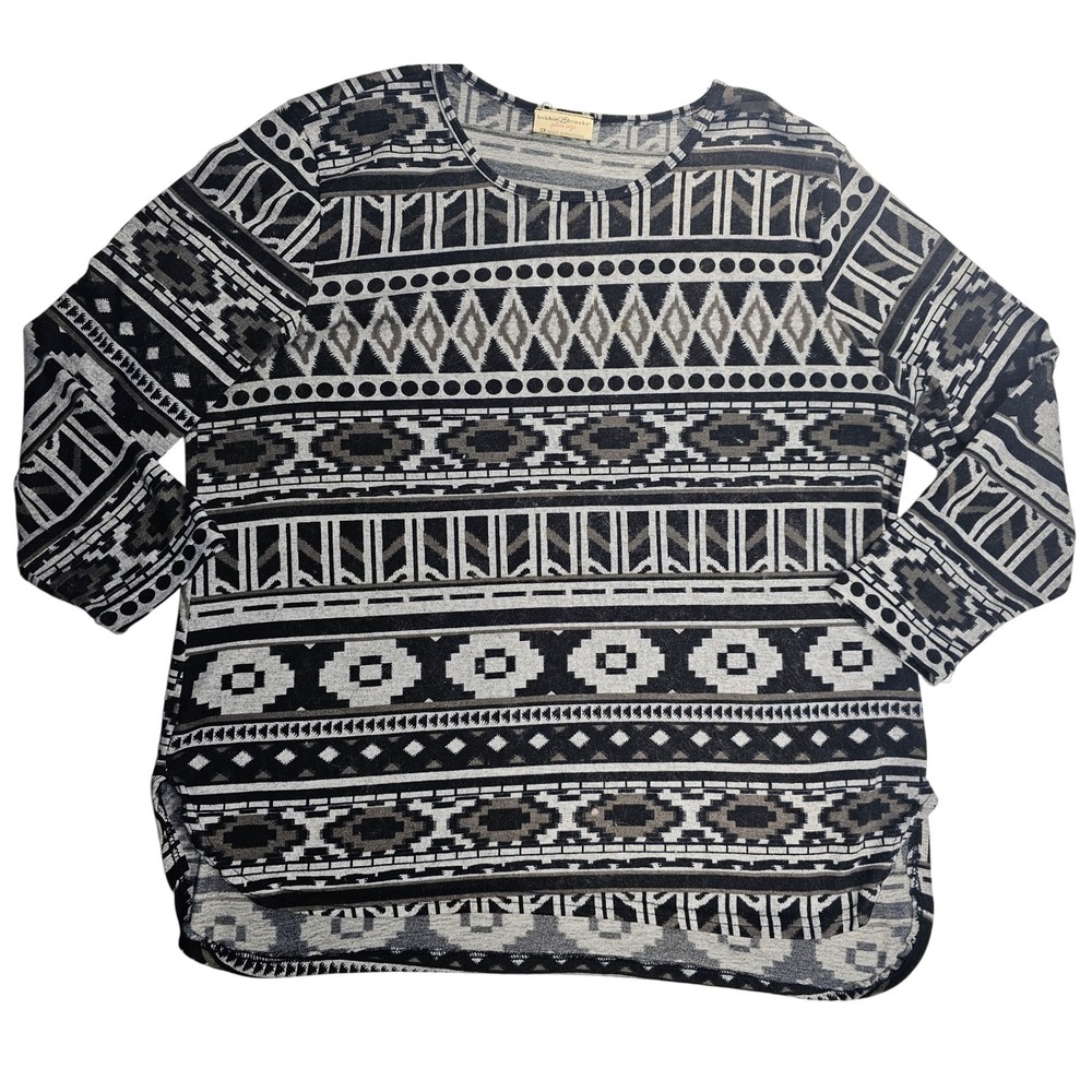 Bobbie Brooks Plus Size 2X Aztec Print Long Sleeve Crew Neck Black White Grey
